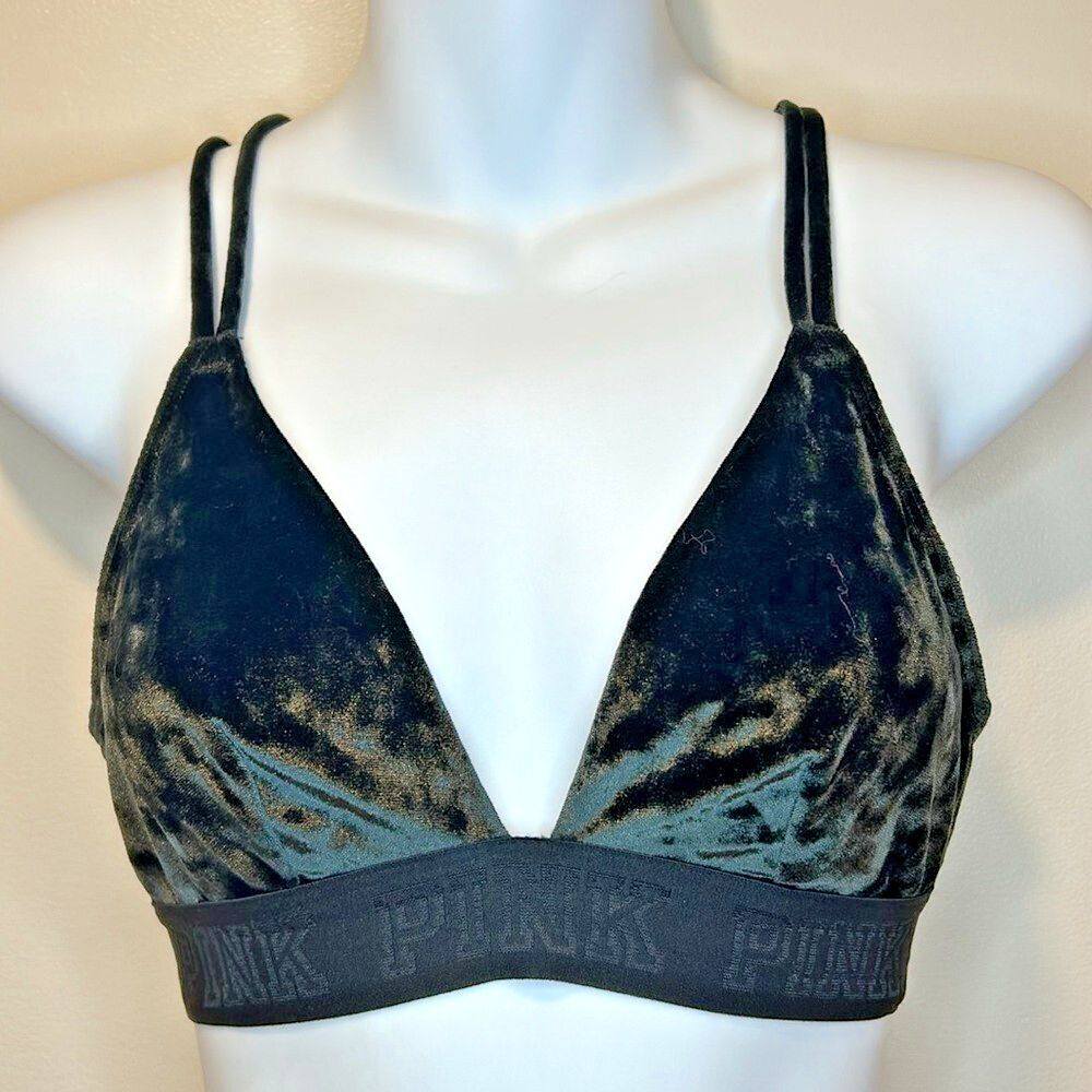 PINK Victoria's Secret Dark Green Velvet Womens Bra Bralette Size Small Strappy